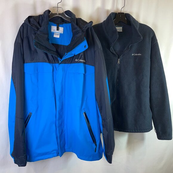 Columbia Mens XXL Hooded Interchange 3 in 1 Jacket 2 Piece Waterproof Blue Black - Picture 1 of 16